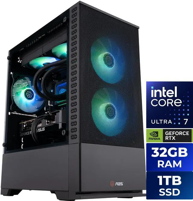ABS Cyclone Aqua gaming desktop with tempered glass panel showing a 240mm liquid cooler radiator and ARGB fans