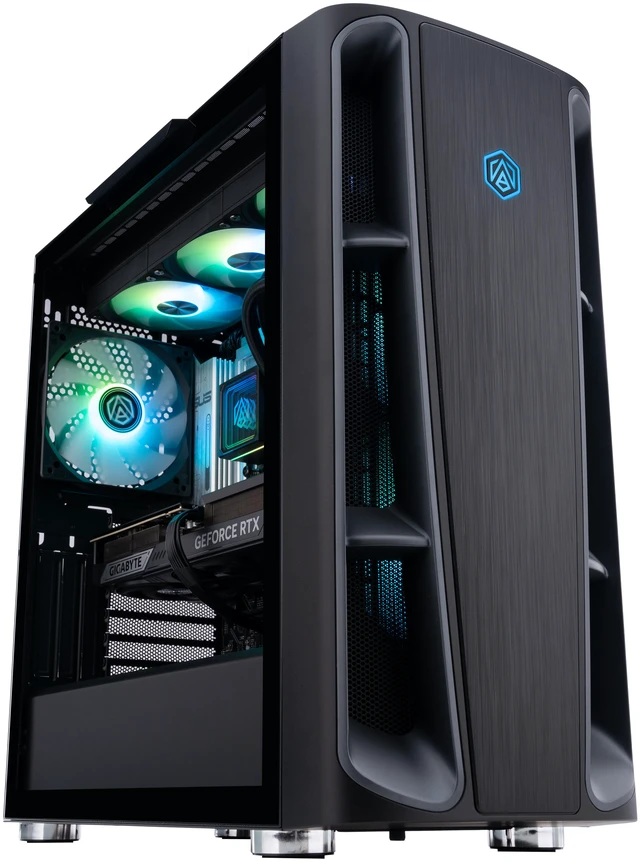 ABS Kaze II Aqua gaming desktop with tempered glass front, illuminated fans and a 360mm radiator visible inside