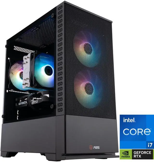ABS Cyclone Aqua micro-ATX gaming desktop in black with a tempered glass side panel and ARGB front fans