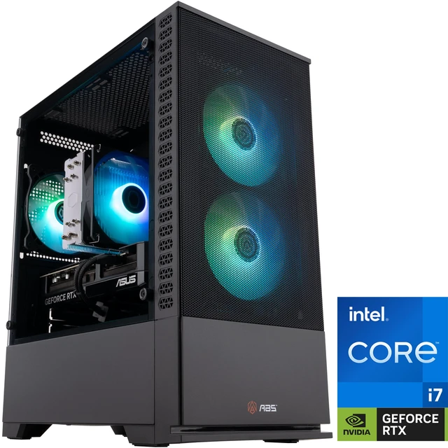 ABS Cyclone Aqua gaming desktop with tempered glass side panel showing illuminated fans and internal cabling
