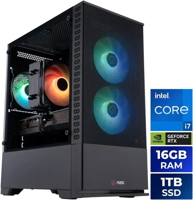ABS Cyclone Aqua micro-ATX gaming desktop in black with tempered glass side panel and ARGB front fans