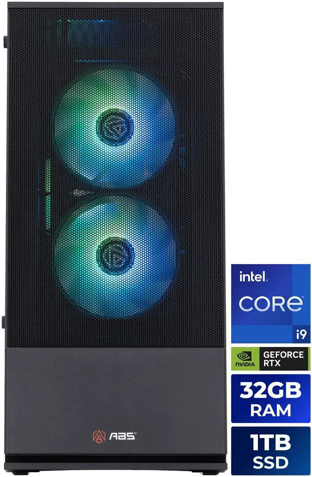 ABS Cyclone Aqua gaming desktop with glass panel showing a 240mm liquid cooler radiator and illuminated fans