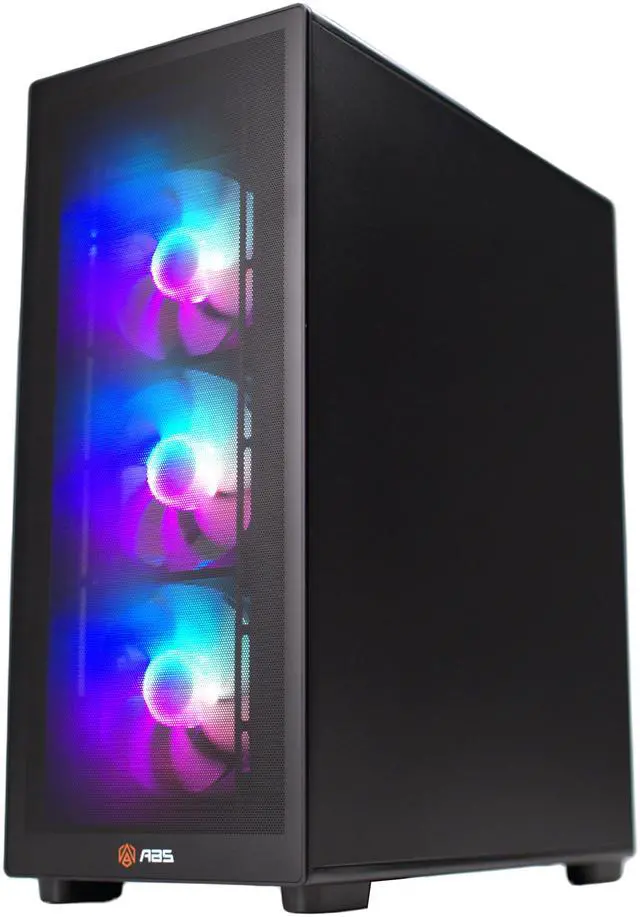 ABS Stratos II Ruby gaming desktop with glass front panel, liquid cooler and illuminated components inside