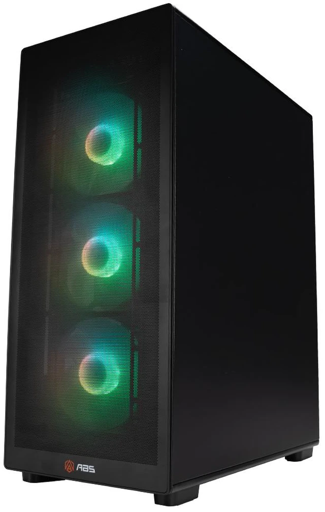 ABS Stratos II Ruby gaming desktop with tempered glass front panel, liquid cooling radiator and illuminated internal components