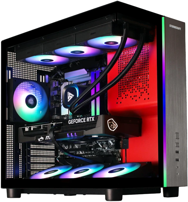 STORMCRAFT PHANTOM gaming desktop with RGB lighting visible through a tempered glass side panel