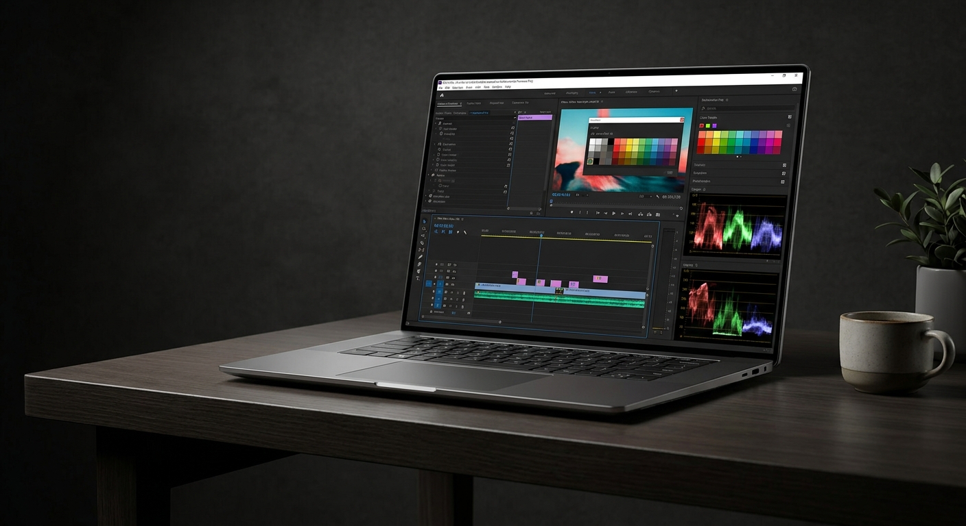 Creator laptop displaying 4K OLED video editing timeline on screen