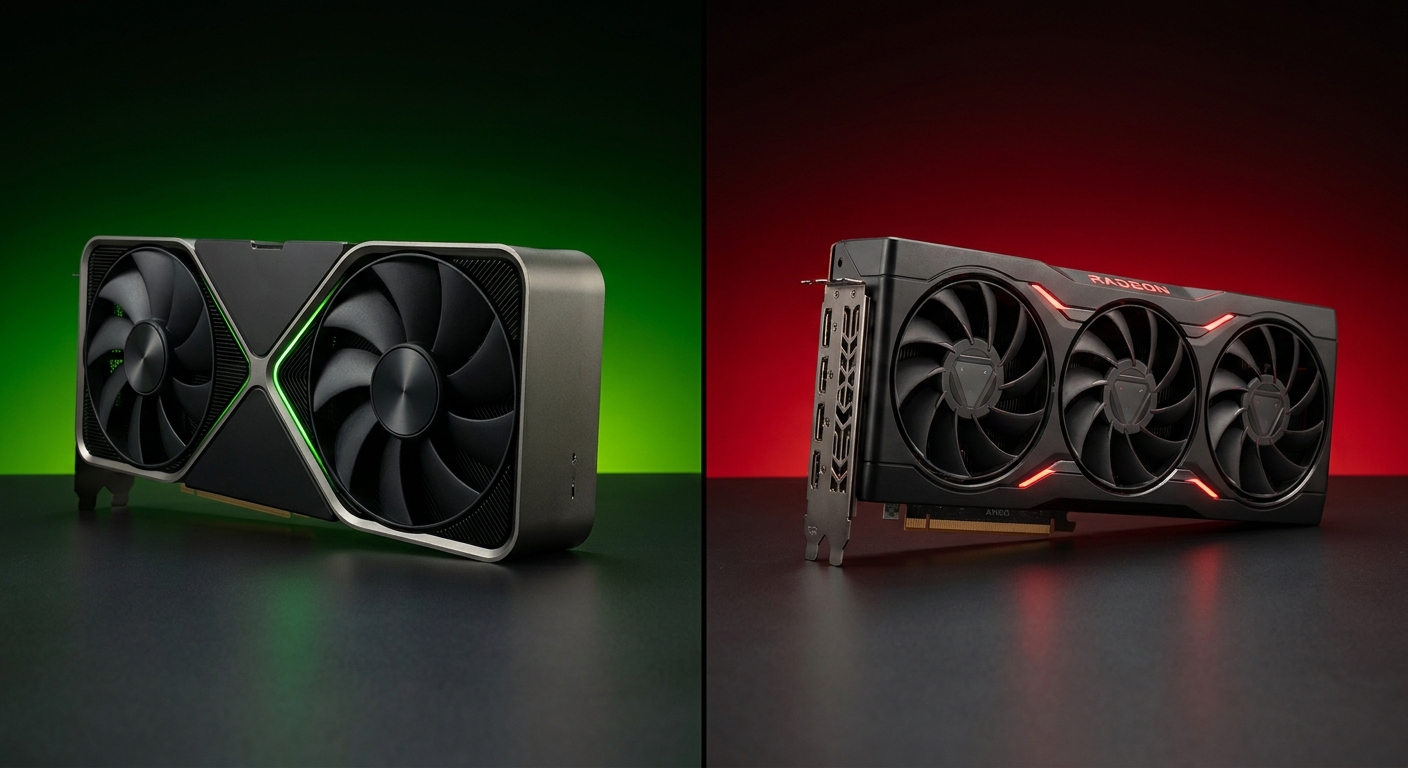 NVIDIA RTX 5000 series GPU vs AMD Radeon RX 9000 series GPU side by side comparison on dark surface