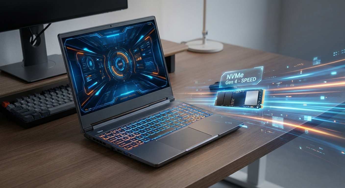 Gaming laptop with NVMe SSD storage illustration showing speed and performance