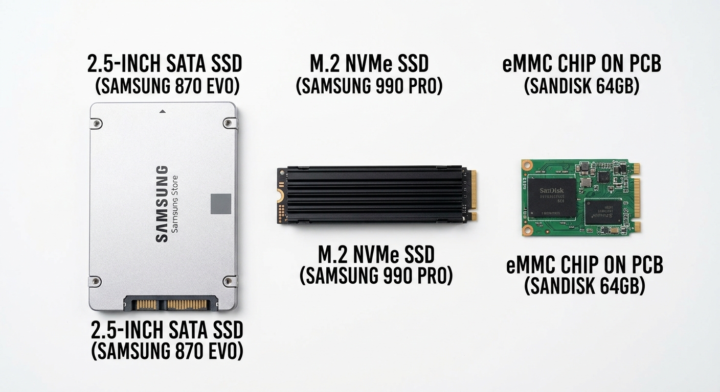 Comparison of SATA SSD, NVMe M.2 SSD, and eMMC storage types for laptops
