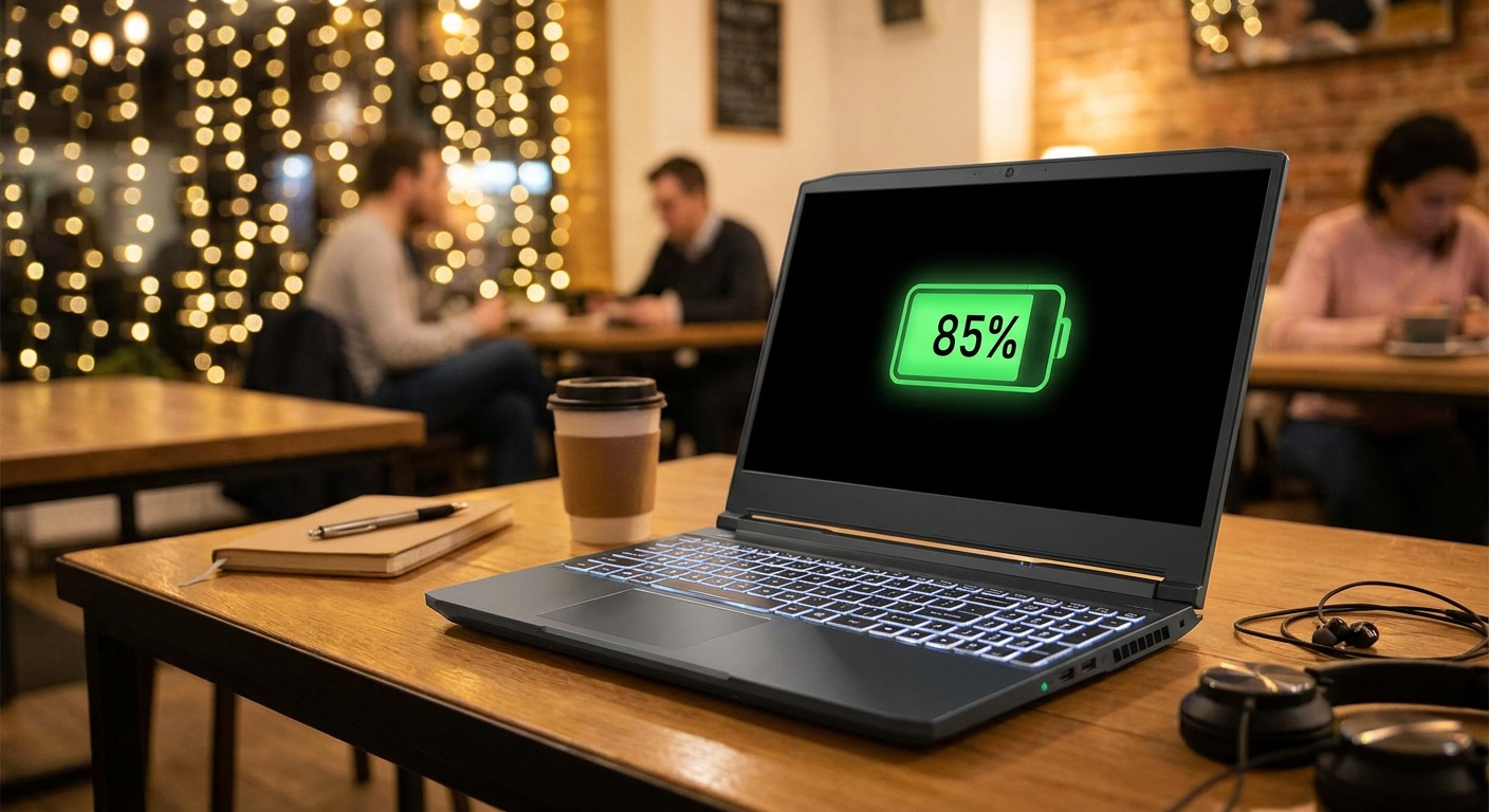 Gaming laptop with strong battery life on a café table representing portability and endurance