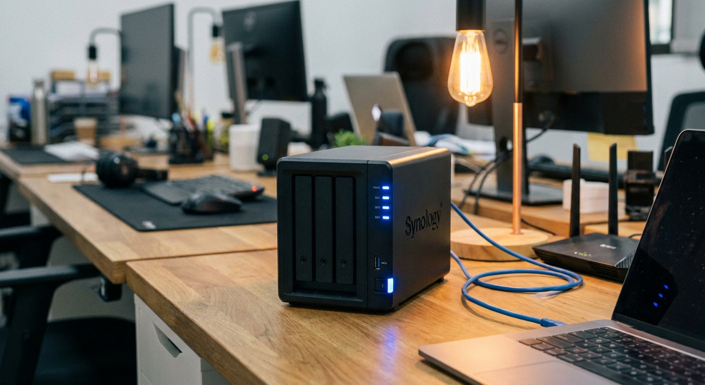 Compact NAS device connected to a home network with a laptop and router on a desk in a home office