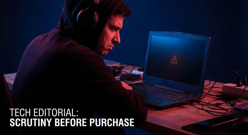 Person seen from behind carefully inspecting a gaming laptop screen, conveying caution before purchase