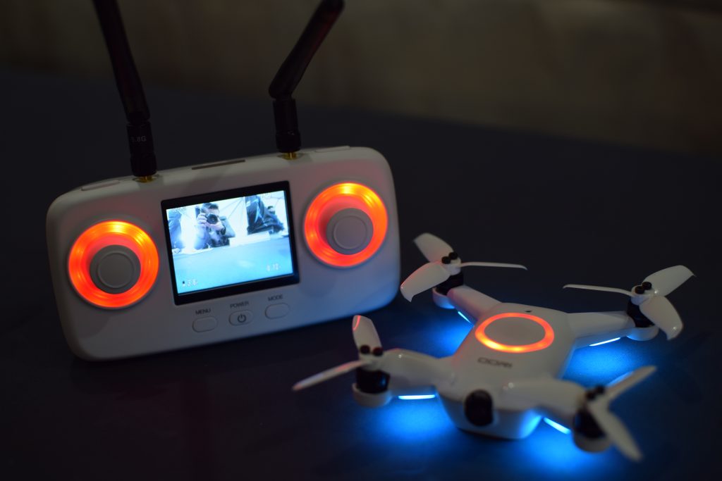 Drone, CES, Drone Rodeo. The oori drone with its controller, showcasing the First Person View capabilites.