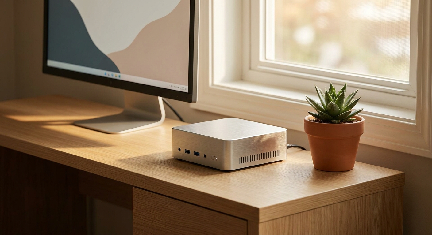 A compact mini desktop PC on a narrow wooden dorm desk beside a slim monitor