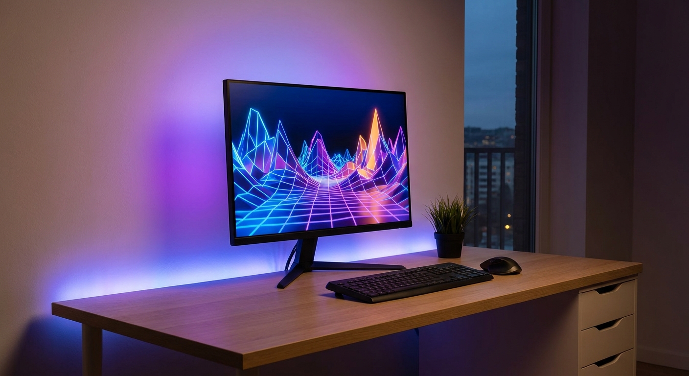 A 27-inch gaming monitor on a tidy desk displaying a colorful abstract landscape