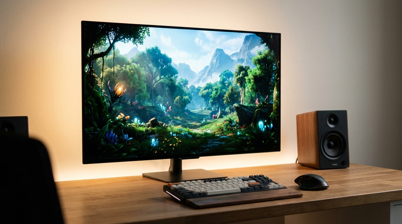 A 32-inch 4K OLED gaming monitor displaying a vivid game