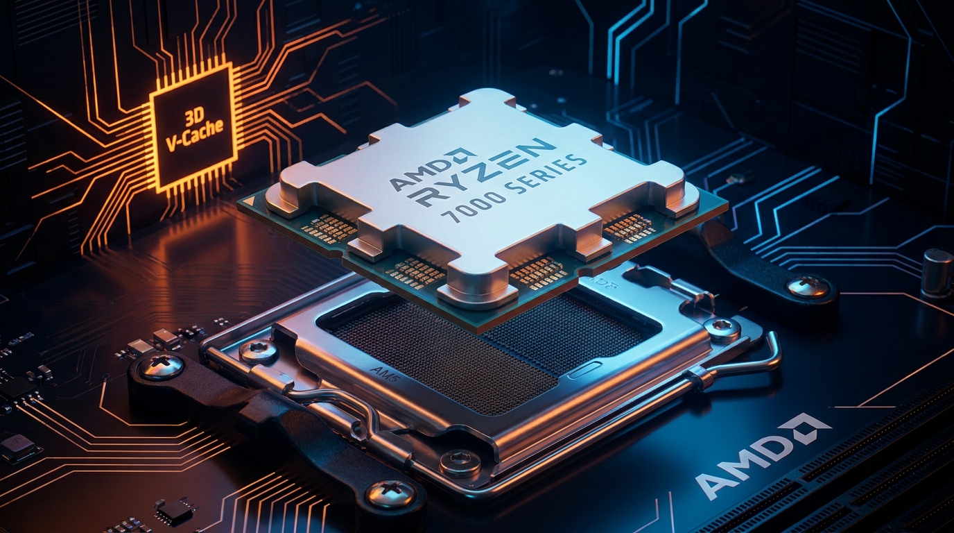 AMD Ryzen 7 7700X3D processor above an AM5 motherboard