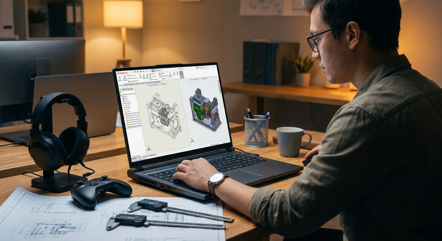 Engineering gaming laptop on a desk running CAD assembly software and a game for work-and-play workflows