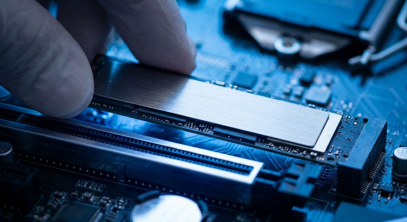 A close-up of an M.2 NVMe SSD being installed on a motherboard