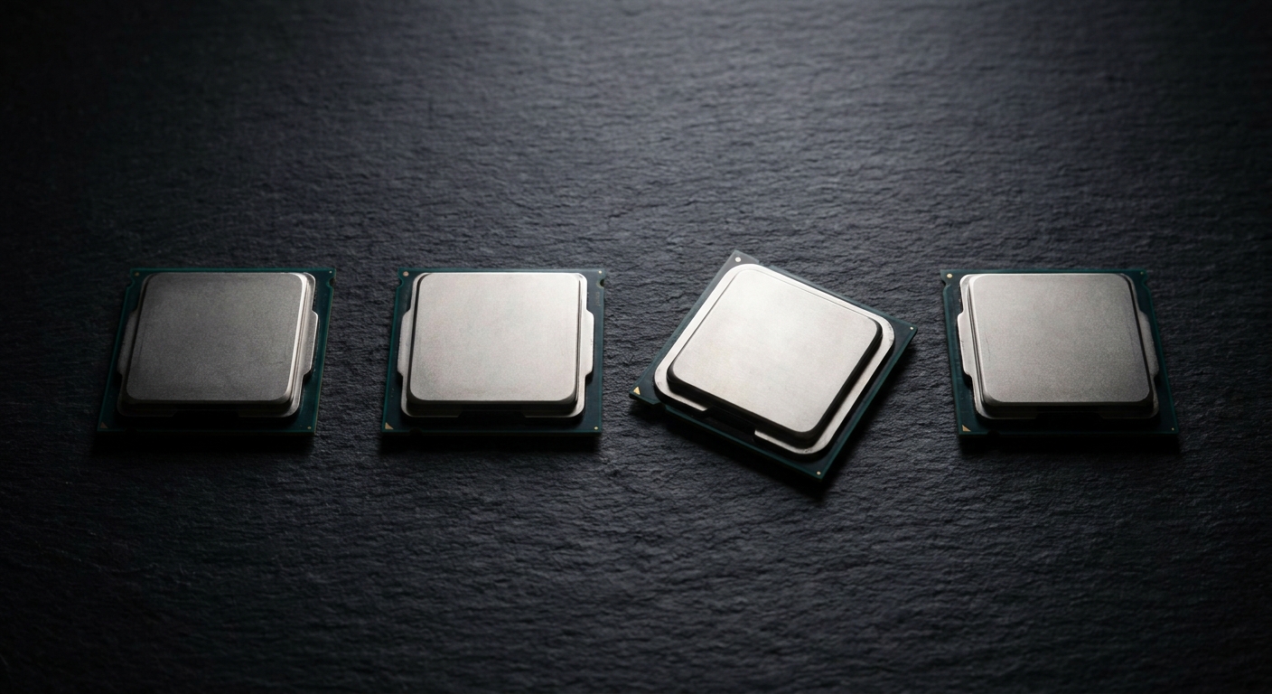 Four desktop processors arranged in a row on a dark slate surface