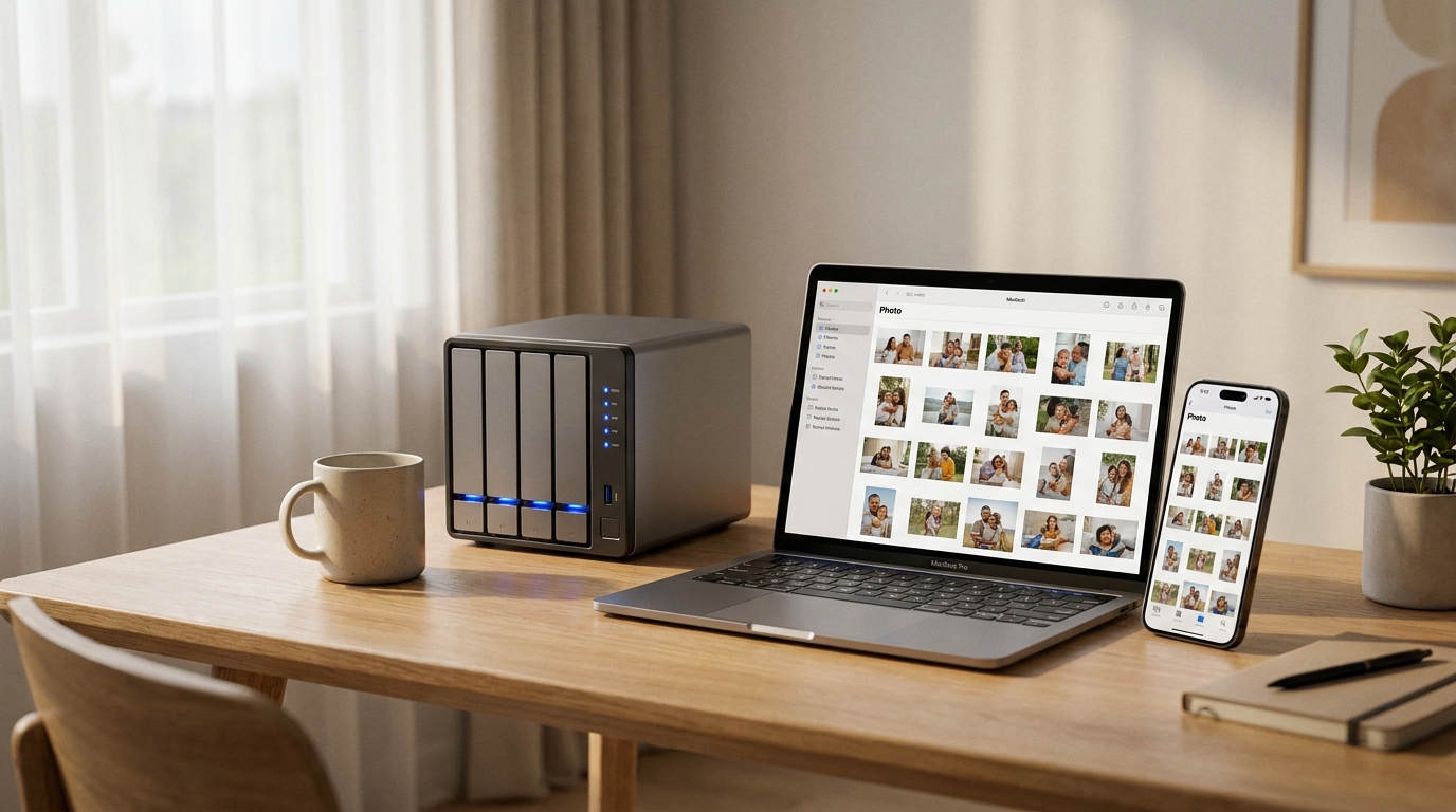 Modern home office desk with a glowing 4-bay home NAS syncing photos to a laptop and phone