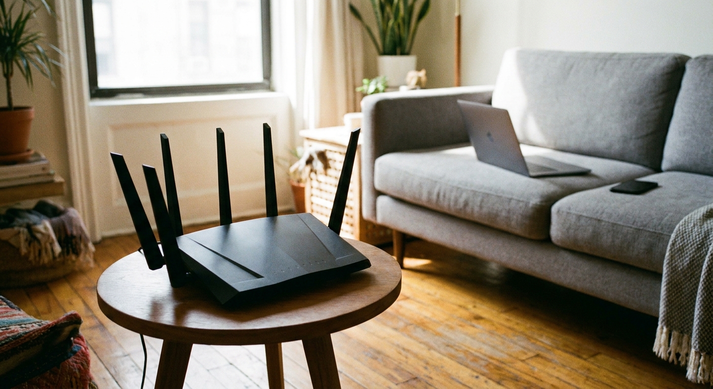 A tri-band Wi-Fi router with external antennas on a side table in a bright apartment