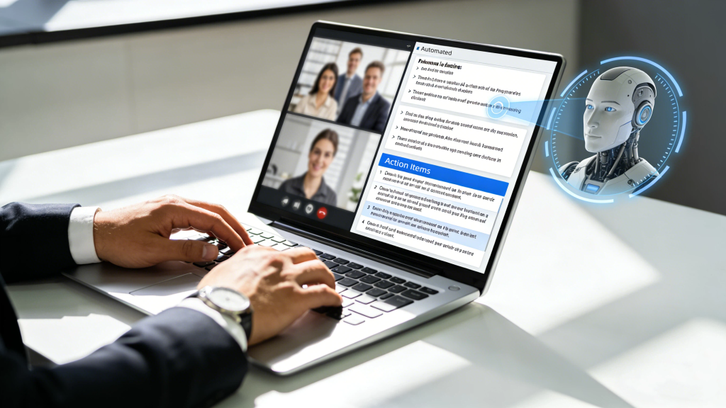 During meetings, artificial intelligence assists with meeting minutes. Professional businesspeople use laptop AI assistants to record meetings.