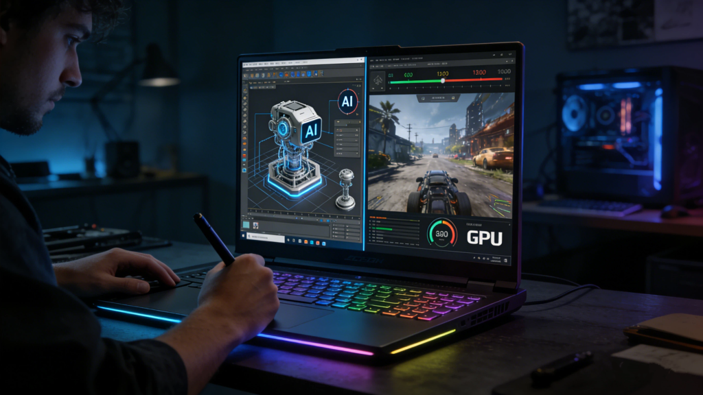 Users with different identities have different needs for AI. Dynamic Split-Screen View of High-Performance Laptops at Dark Tone Creative Studio
