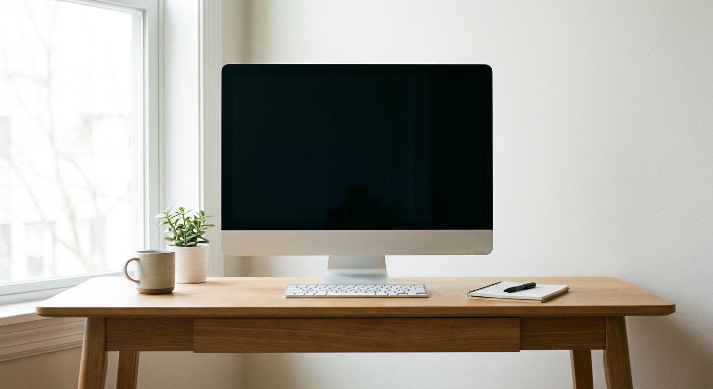 A slim all-in-one desktop computer on a tidy student desk in natural light