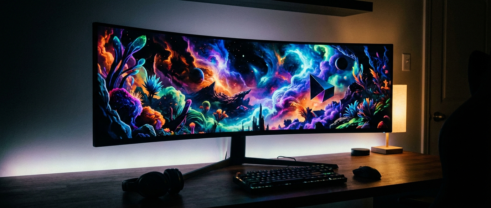 A curved OLED gaming monitor on a desk displaying a dark high-contrast game scene