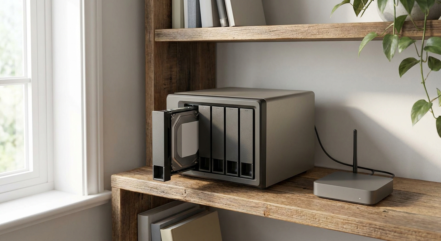 A multi-bay network attached storage enclosure on a home office shelf with one drive tray pulled out