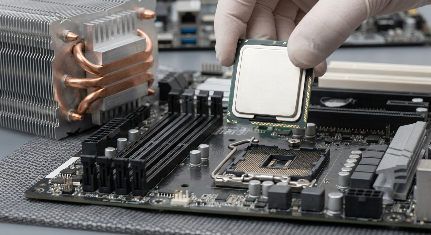 A desktop CPU held above an open motherboard socket with the retention lever raised