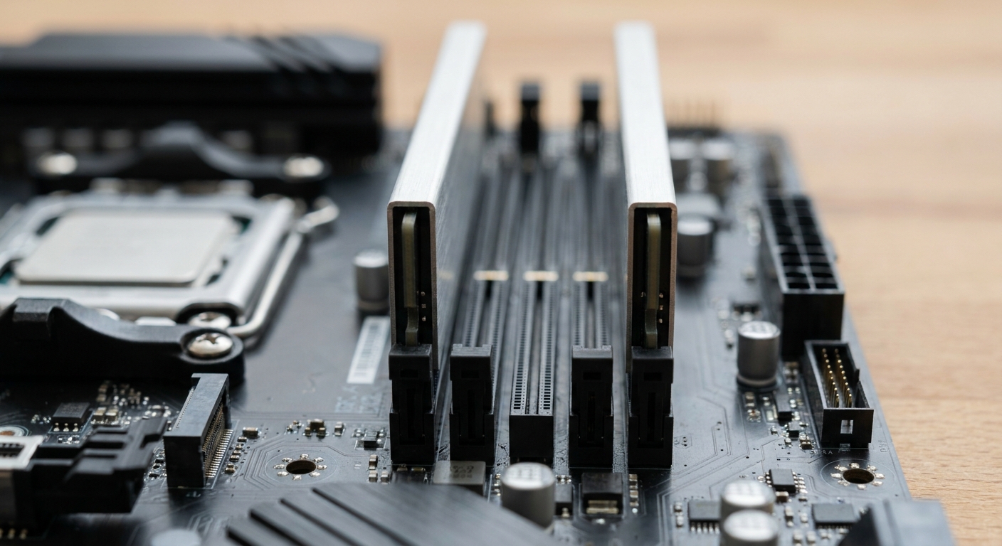 Two DDR5 memory modules installed in the second and fourth slots of a motherboard