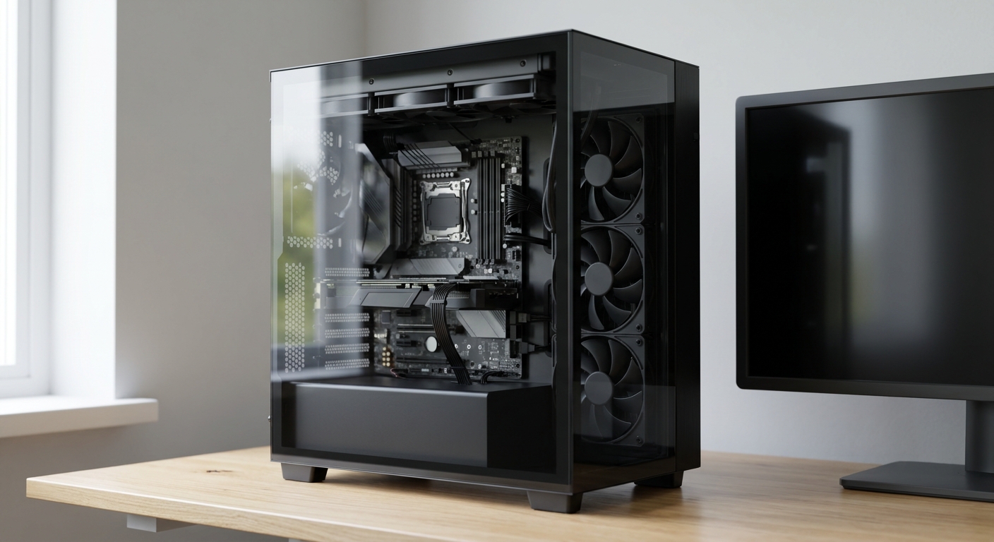 A mid-tower gaming desktop with a tempered glass side panel sitting on a desk beside a monitor, showing the internal components