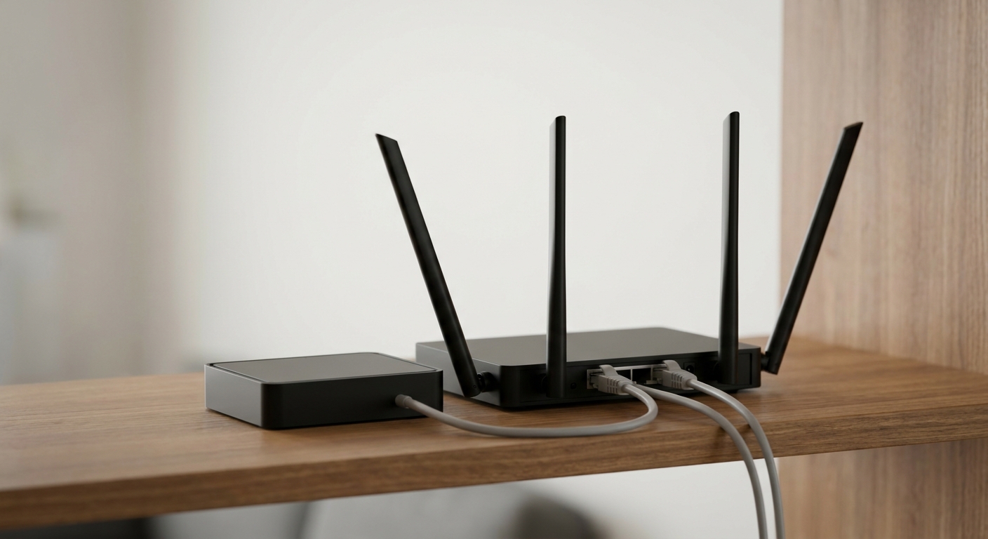 A Wi-Fi router with four external antennas standing on a shelf beside a modem, with two Ethernet cables connected to its rear ports