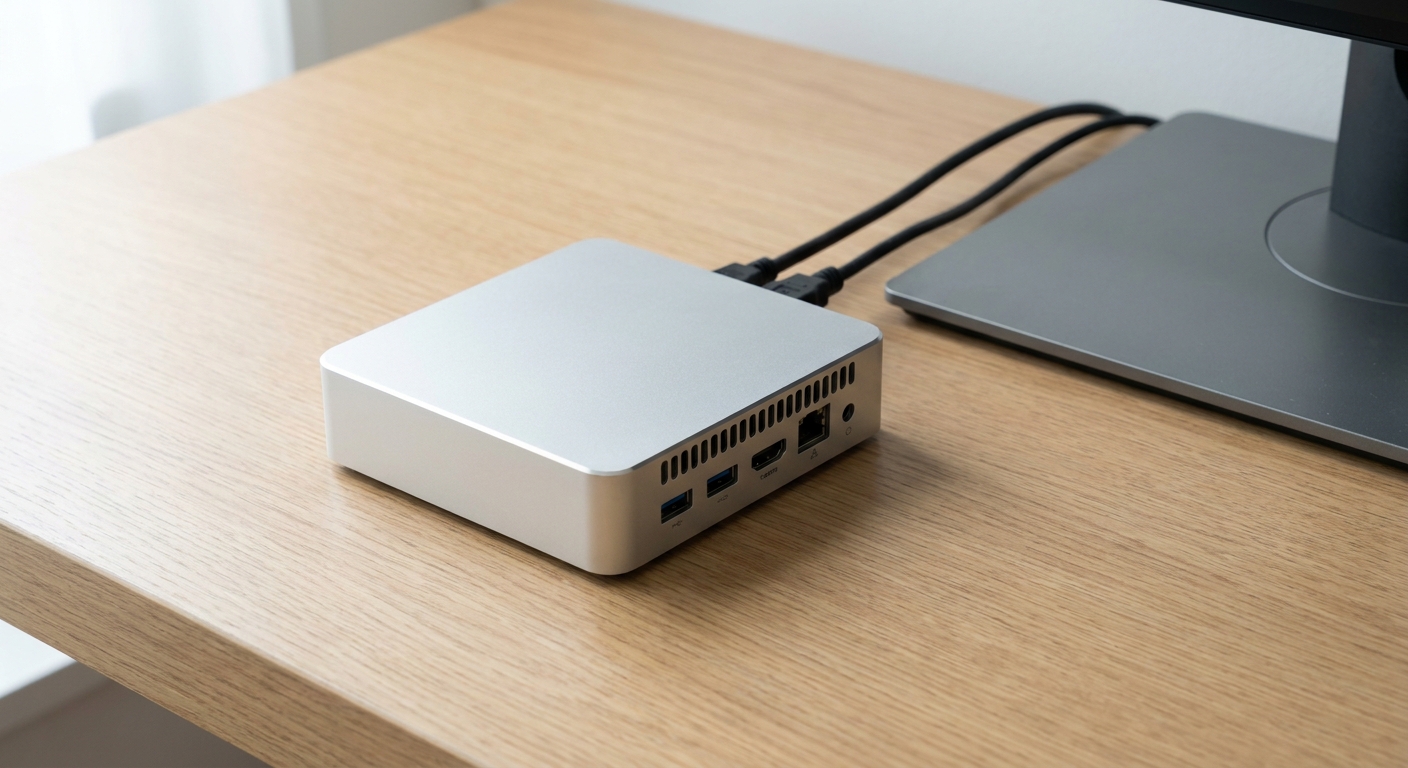 A small silver mini PC sitting on a desk beside a monitor stand, with two cables running from its rear panel