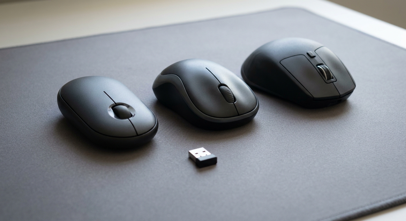 Three wireless gaming mice of different shapes arranged in a row on a cloth desk mat, with a small USB receiver in front of them