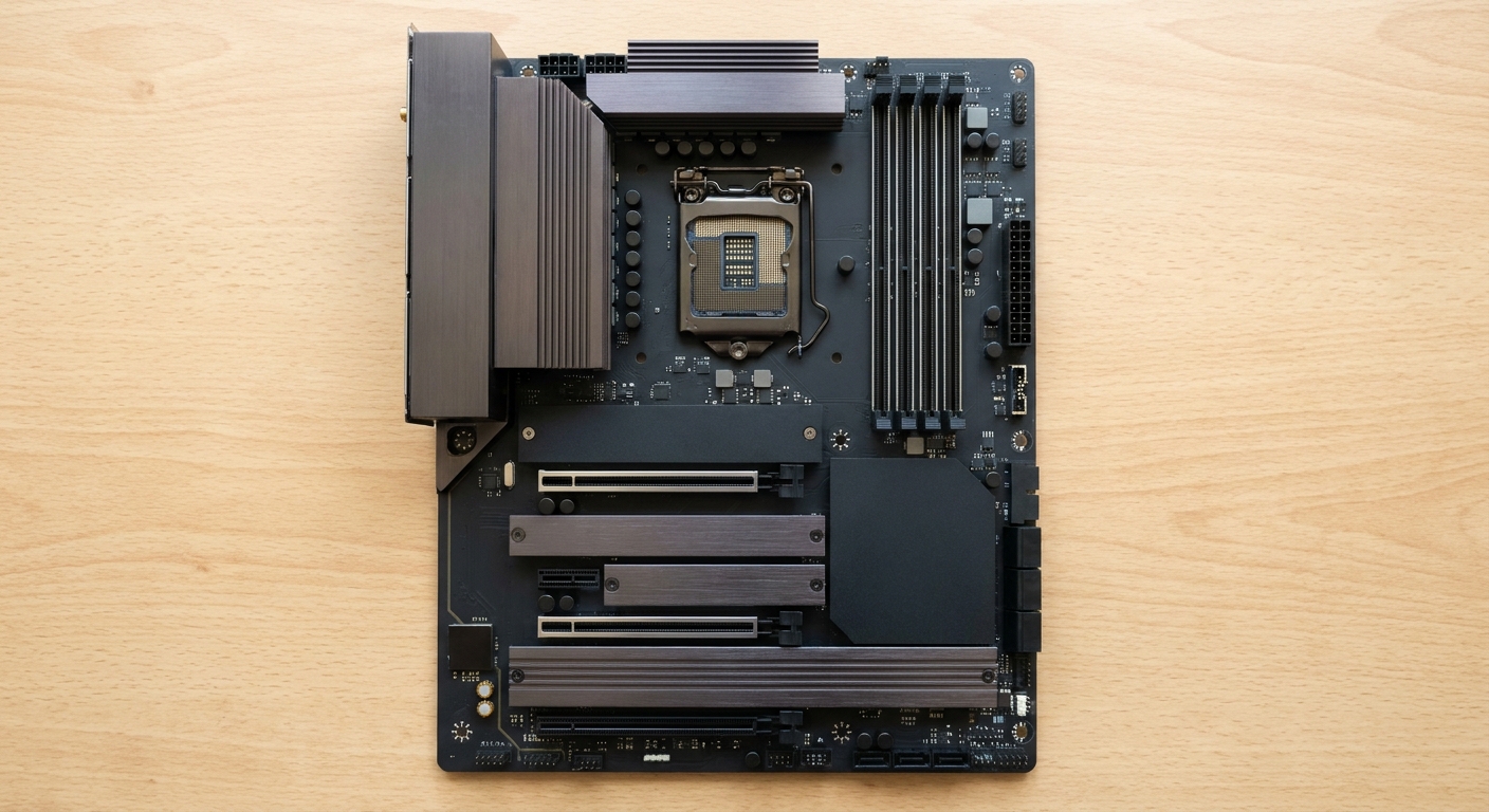 A modern ATX motherboard lying flat on a desk with an empty processor socket, four empty memory slots and two expansion slots, seen from above
