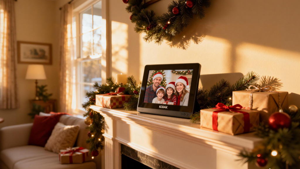 A decorated mantlepiece with a KODAK 10-inch digital photo frame showing family holiday photos