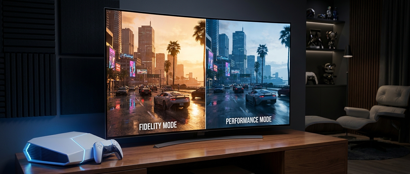 A cinematic fictional open-world crime game scene with a tropical city, traffic, and neon lights displayed on a 4K television beside a modern gaming console and controller