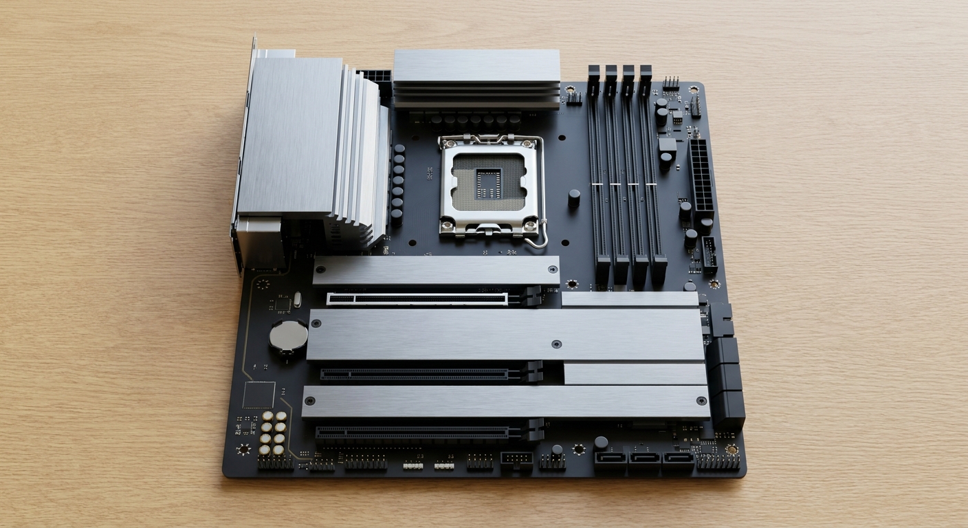 A computer motherboard photographed from above with four empty vertical memory slots in a row and the processor socket empty