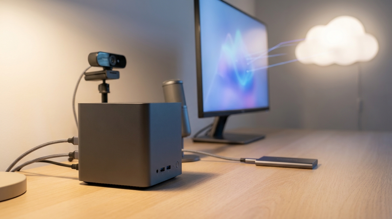 Compact mini PC processing webcam, microphone, and private files locally before sending selected information to the cloud