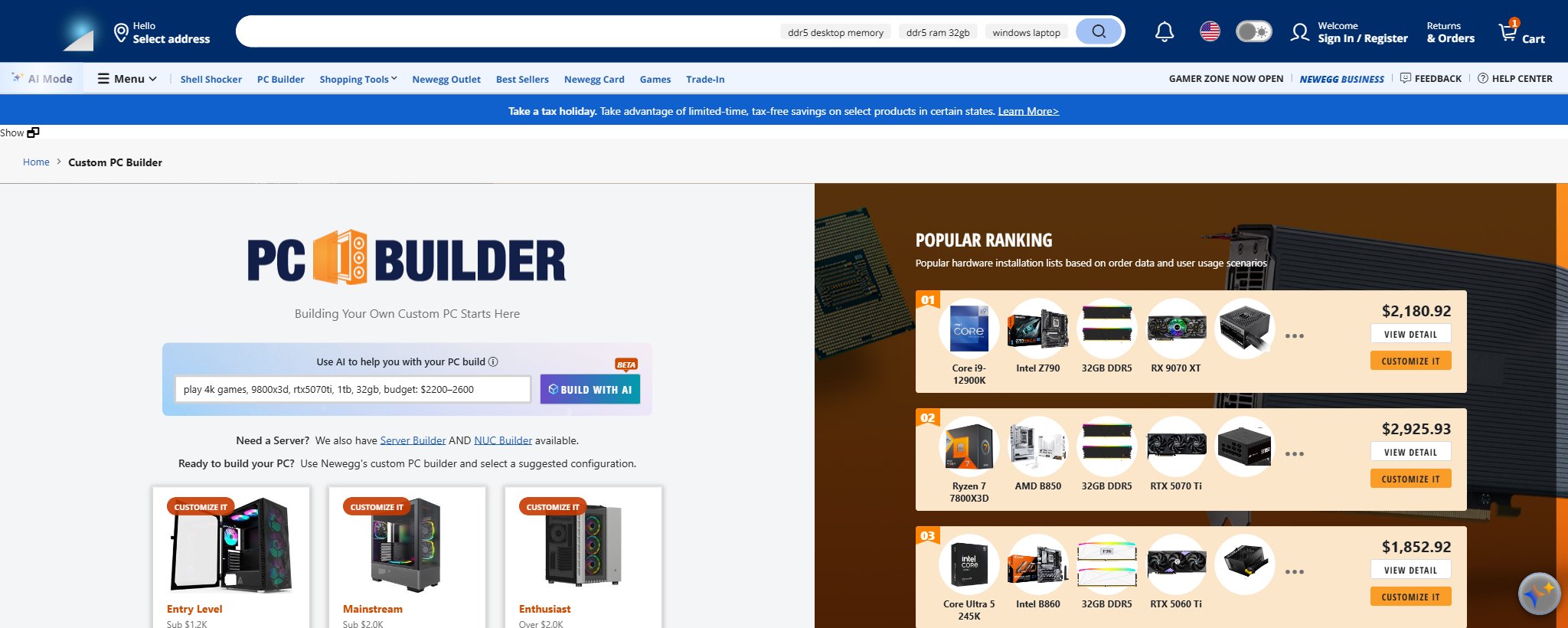 Newegg Custom PC Builder homepage with AI build assistant and suggested configurations