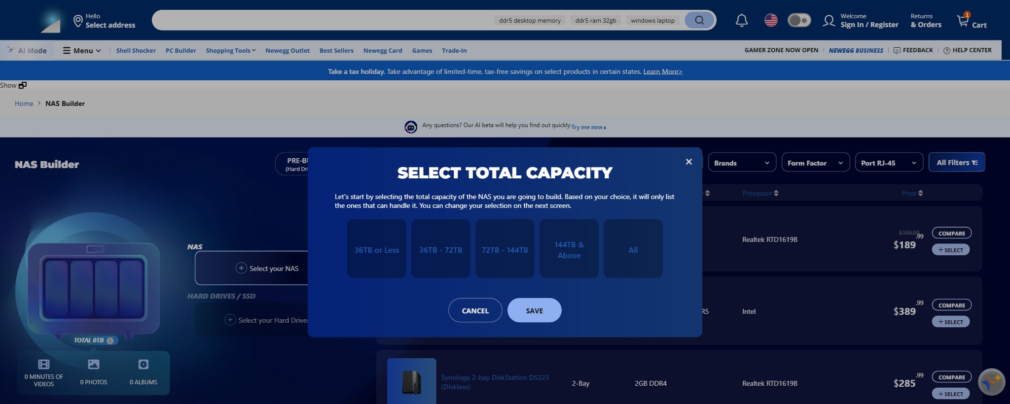 Newegg NAS Builder interface with RAID calculator and NAS model list