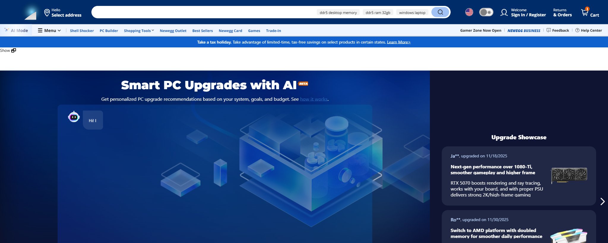Newegg Smart PC Upgrades with AI tool page with chat assistant and upgrade showcase