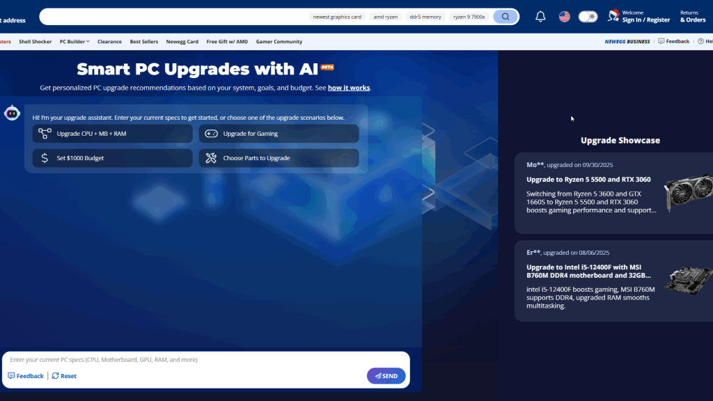 newegg shopping tool -- Smart PC Upgrades with AI screen shot