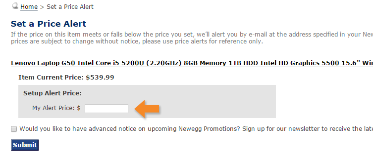 Price Alerts: Creating an Alert - Step 2
