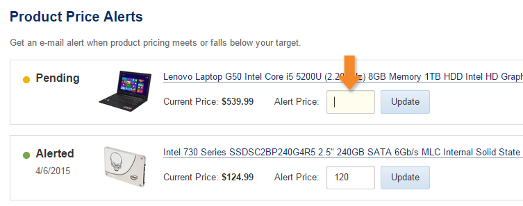 Price Alerts: Updating an Alert - Step 3