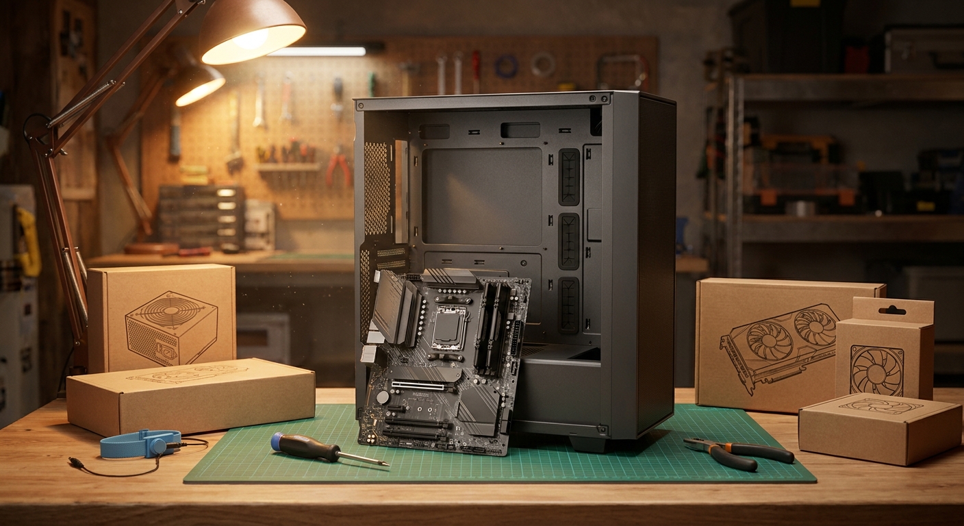 Gaming PC build in progress on a workbench with components laid out