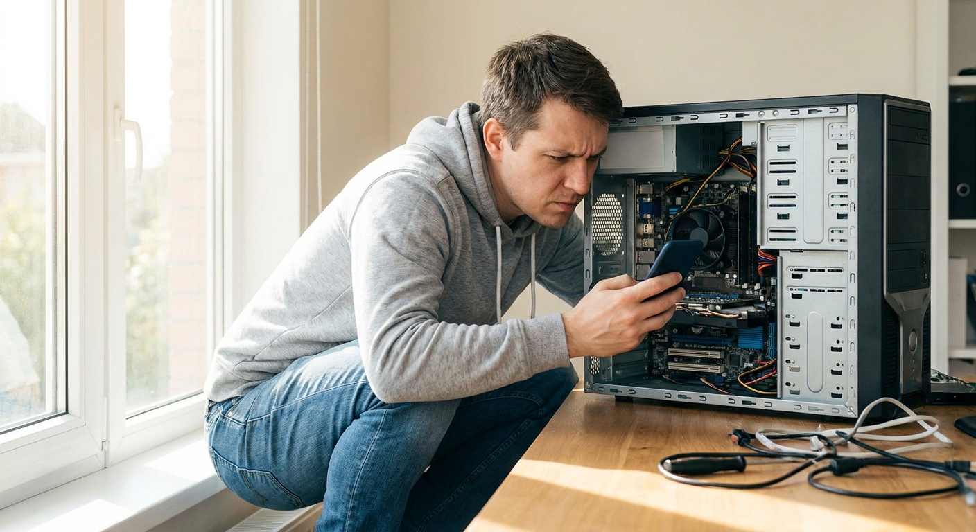 PC owner inspecting the inside of their computer considering an upgrade